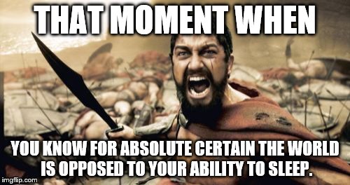 Sparta Leonidas Meme | THAT MOMENT WHEN; YOU KNOW FOR ABSOLUTE CERTAIN THE WORLD IS OPPOSED TO YOUR ABILITY TO SLEEP. | image tagged in memes,sparta leonidas | made w/ Imgflip meme maker