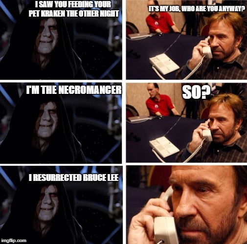 Chuck's only weakness | IT'S MY JOB, WHO ARE YOU ANYWAY? I SAW YOU FEEDING YOUR PET KRAKEN THE OTHER NIGHT; I'M THE NECROMANCER; SO? I RESURRECTED BRUCE LEE | image tagged in chuck norris | made w/ Imgflip meme maker