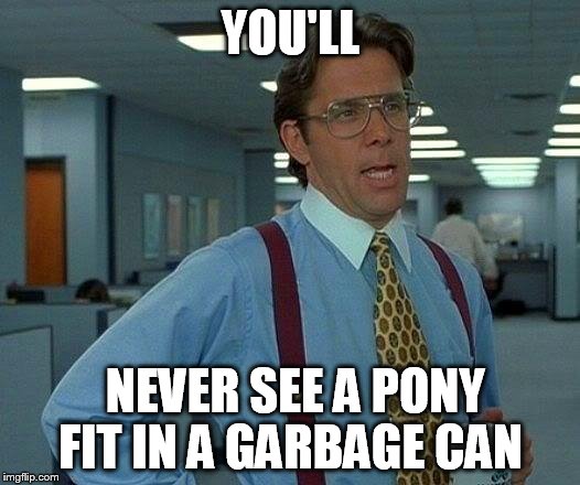 That Would Be Great Meme | YOU'LL NEVER SEE A PONY FIT IN A GARBAGE CAN | image tagged in memes,that would be great | made w/ Imgflip meme maker