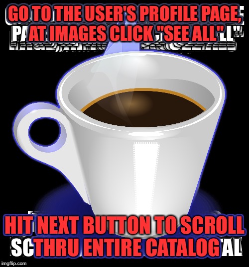 GO TO THE USER'S PROFILE PAGE, AT IMAGES CLICK "SEE ALL" HIT NEXT BUTTON TO SCROLL THRU ENTIRE CATALOG | made w/ Imgflip meme maker