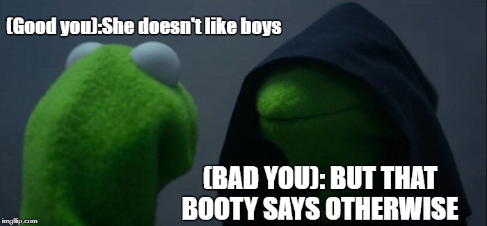 Evil Kermit Meme | (Good you):She doesn't like boys; (BAD YOU): BUT THAT BOOTY SAYS OTHERWISE | image tagged in memes,evil kermit | made w/ Imgflip meme maker