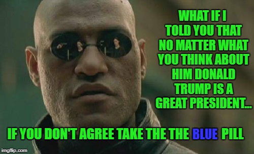 Morpheus addresses some Trump haters he meets in 'the Matrix' and offers them some advice.... | WHAT IF I TOLD YOU THAT NO MATTER WHAT YOU THINK ABOUT HIM DONALD TRUMP IS A GREAT PRESIDENT... IF YOU DON'T AGREE TAKE THE THE             PILL; BLUE | image tagged in memes,matrix morpheus,red pill blue pill,donald trump approves,liberal vs conservative,alternate reality | made w/ Imgflip meme maker