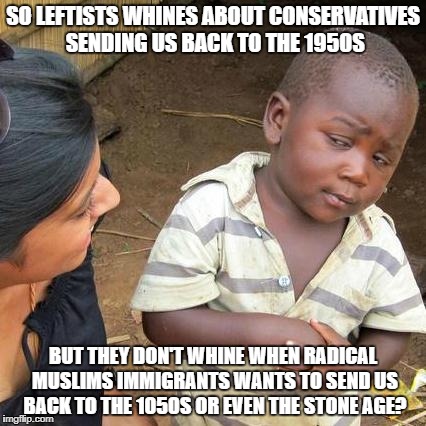 Third World Skeptical Kid Meme | SO LEFTISTS WHINES ABOUT CONSERVATIVES SENDING US BACK TO THE 1950S; BUT THEY DON'T WHINE WHEN RADICAL MUSLIMS IMMIGRANTS WANTS TO SEND US BACK TO THE 1050S OR EVEN THE STONE AGE? | image tagged in memes,third world skeptical kid | made w/ Imgflip meme maker