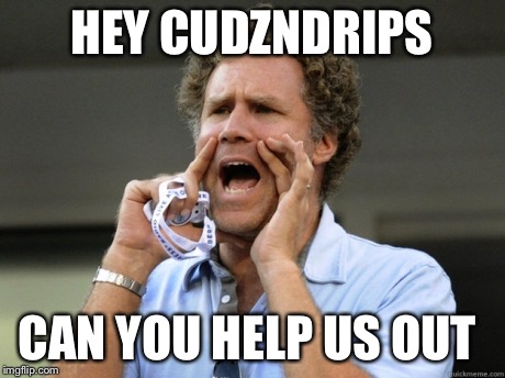 Will Ferrell yelling  | HEY CUDZNDRIPS; CAN YOU HELP US OUT | image tagged in will ferrell yelling | made w/ Imgflip meme maker