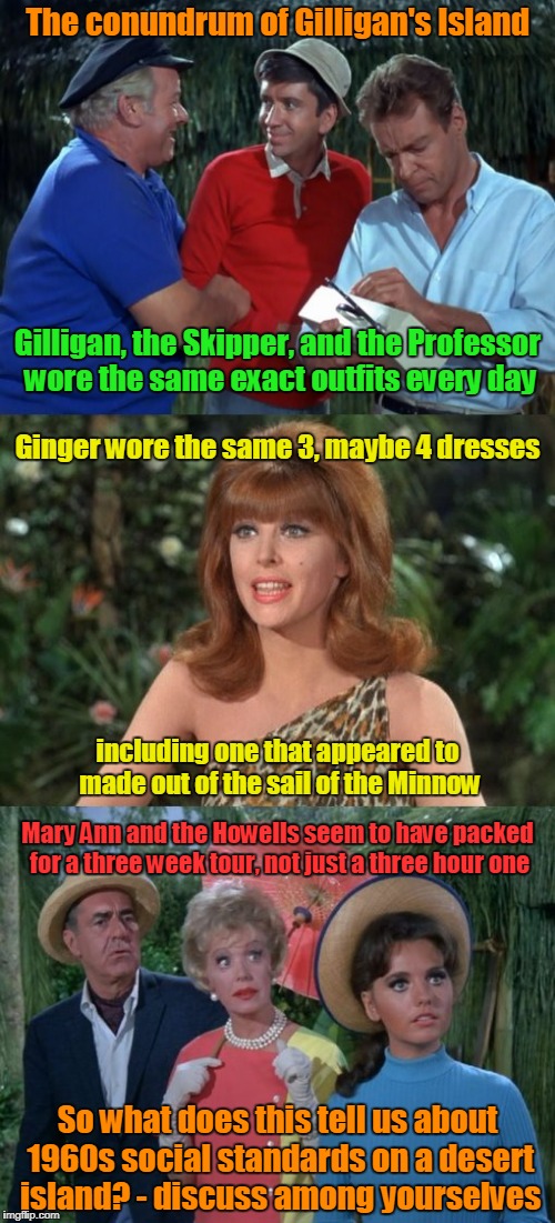 sloppy stereotyping? or just a small costuming budget? (Gilligan's Island Week, March 5th-12th, via DrSarcasm) | The conundrum of Gilligan's Island; Gilligan, the Skipper, and the Professor wore the same exact outfits every day; Ginger wore the same 3, maybe 4 dresses; including one that appeared to made out of the sail of the Minnow; Mary Ann and the Howells seem to have packed for a three week tour, not just a three hour one; So what does this tell us about 1960s social standards on a desert island? - discuss among yourselves | image tagged in memes,gilligan's island,gilligans island week | made w/ Imgflip meme maker