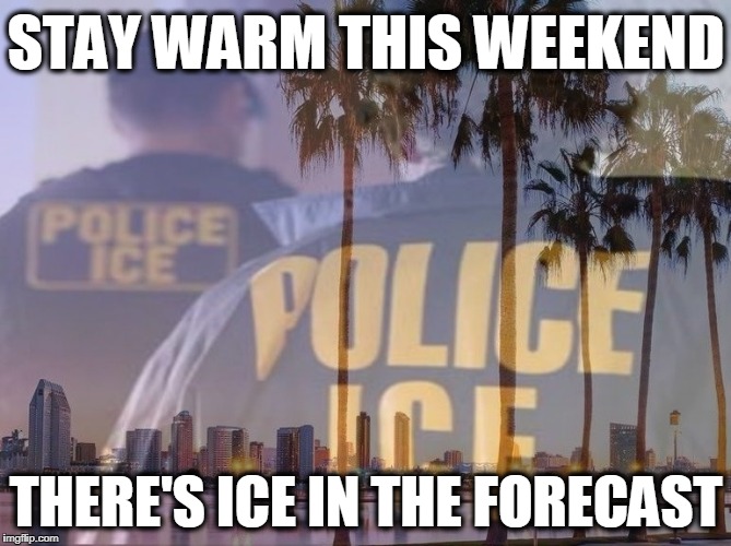Stay Warm This Weekend | STAY WARM THIS WEEKEND; THERE'S ICE IN THE FORECAST | image tagged in police,illegal immigration,california,ice,deportation,maga | made w/ Imgflip meme maker