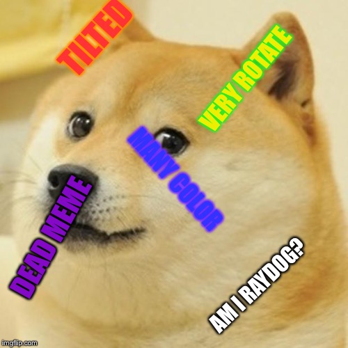 Tilt it Doge | TILTED; VERY ROTATE; MANY COLOR; DEAD MEME; AM I RAYDOG? | image tagged in memes,doge,raydog,rotate | made w/ Imgflip meme maker