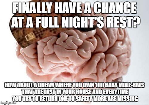 Scumbag Brain Meme | FINALLY HAVE A CHANCE AT A FULL NIGHT'S REST? HOW ABOUT A DREAM WHERE YOU OWN 100 BABY MOLE-RATS THAT ARE LOST IN YOUR HOUSE AND EVERYTIME YOU TRY TO RETURN ONE TO SAFETY MORE ARE MISSING | image tagged in memes,scumbag brain | made w/ Imgflip meme maker
