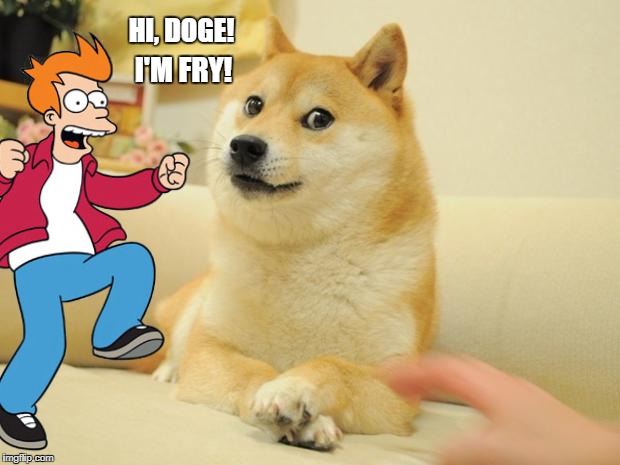 Fry saying "Hi" to Doge. | HI, DOGE! I'M FRY! | image tagged in memes,fry,futurama fry,doge,dogs,shiba inu | made w/ Imgflip meme maker