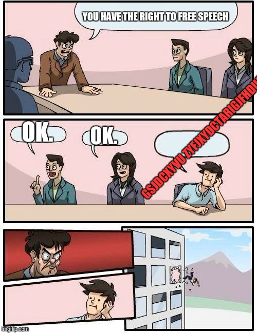 Boardroom Meeting Suggestion Meme | YOU HAVE THE RIGHT TO FREE SPEECH OK. OK. GSJDCXYVU ZYFJXYDCTARIGJFHDUF | image tagged in memes,boardroom meeting suggestion | made w/ Imgflip meme maker