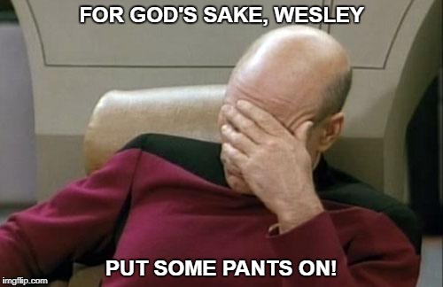 Casual Friday on Enterprise | FOR GOD'S SAKE, WESLEY; PUT SOME PANTS ON! | image tagged in memes,captain picard facepalm | made w/ Imgflip meme maker