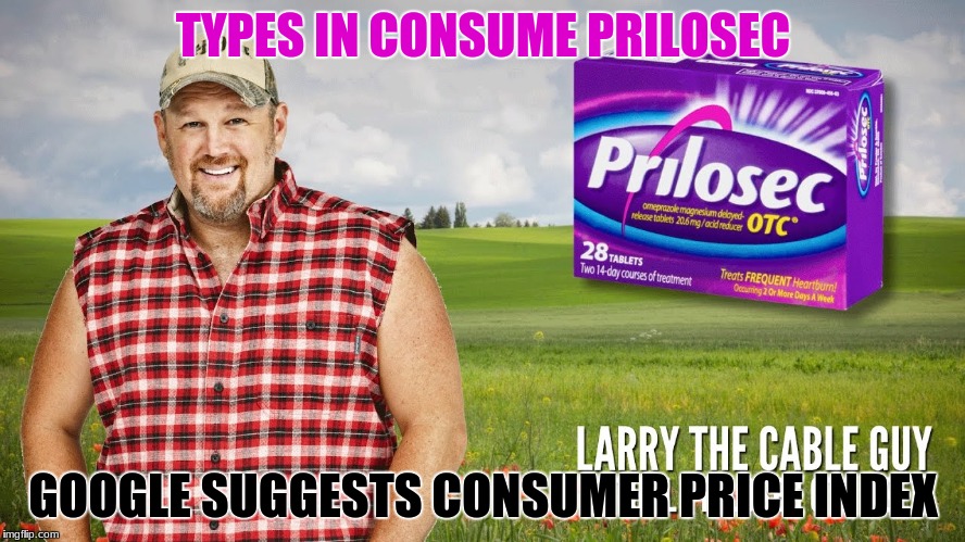 battle heartburn and autocorrect | TYPES IN CONSUME PRILOSEC; GOOGLE SUGGESTS CONSUMER PRICE INDEX | image tagged in consumerism,larry the cable guy,memes,google | made w/ Imgflip meme maker