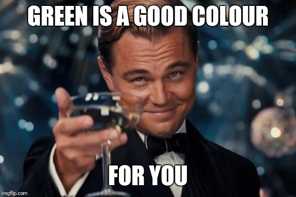 Leonardo Dicaprio Cheers Meme | GREEN IS A GOOD COLOUR FOR YOU | image tagged in memes,leonardo dicaprio cheers | made w/ Imgflip meme maker
