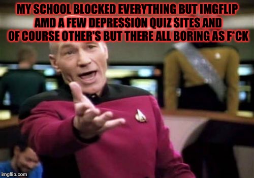 Seriously they blocked playbuzz which is f*cking dumb why not just block the inapropret stuff? | MY SCHOOL BLOCKED EVERYTHING BUT IMGFLIP AMD A FEW DEPRESSION QUIZ SITES AND OF COURSE OTHER'S BUT THERE ALL BORING AS F*CK | image tagged in memes,picard wtf,meme,school,wtf,why god why | made w/ Imgflip meme maker