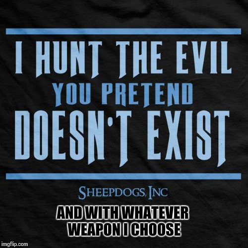 AND WITH WHATEVER WEAPON I CHOOSE | image tagged in i hunt the evil | made w/ Imgflip meme maker