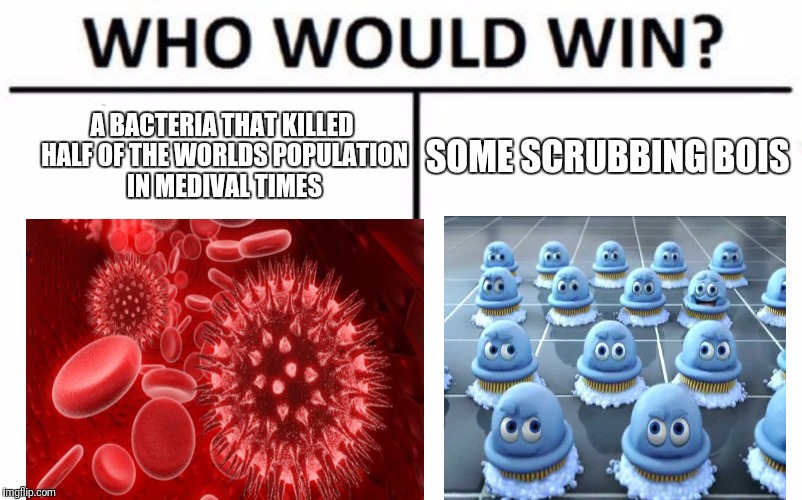 Who Would Win? | A BACTERIA THAT KILLED HALF OF THE WORLDS POPULATION IN MEDIVAL TIMES; SOME SCRUBBING BOIS | image tagged in memes,who would win | made w/ Imgflip meme maker