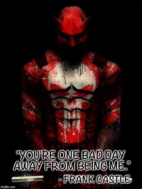 The Devil Punishes | "YOU'RE ONE BAD DAY AWAY FROM BEING ME."; - FRANK CASTLE | image tagged in daredevil punisher,daredevil,punisher,marvel,marvel comics,quotes | made w/ Imgflip meme maker