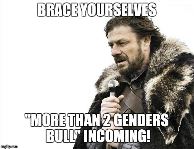 Brace Yourselves X is Coming Meme | BRACE YOURSELVES "MORE THAN 2 GENDERS BULL" INCOMING! | image tagged in memes,brace yourselves x is coming | made w/ Imgflip meme maker