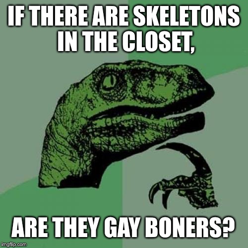 Closet Skeletons | IF THERE ARE SKELETONS IN THE CLOSET, ARE THEY GAY BONERS? | image tagged in memes,philosoraptor,gay jokes,closet,skeleton,hide | made w/ Imgflip meme maker