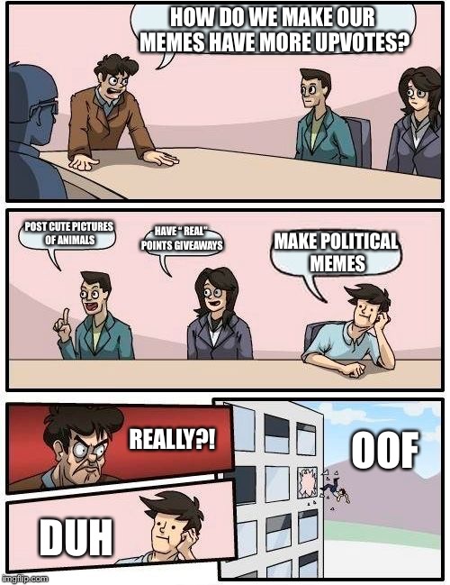 Boardroom Meeting Suggestion | HOW DO WE MAKE OUR MEMES HAVE MORE UPVOTES? POST CUTE PICTURES OF ANIMALS; HAVE “ REAL” POINTS GIVEAWAYS; MAKE POLITICAL MEMES; REALLY?! OOF; DUH | image tagged in memes,boardroom meeting suggestion | made w/ Imgflip meme maker