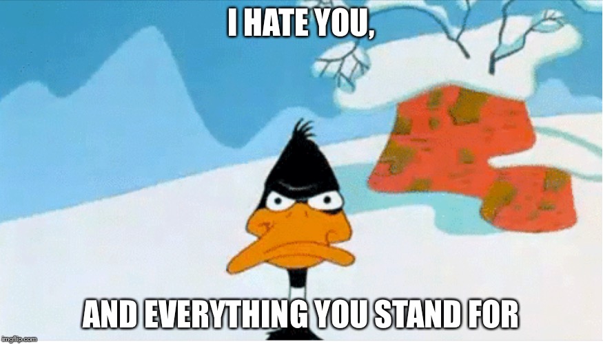 I HATE YOU, AND EVERYTHING YOU STAND FOR | image tagged in memes,daffy duck,funny | made w/ Imgflip meme maker