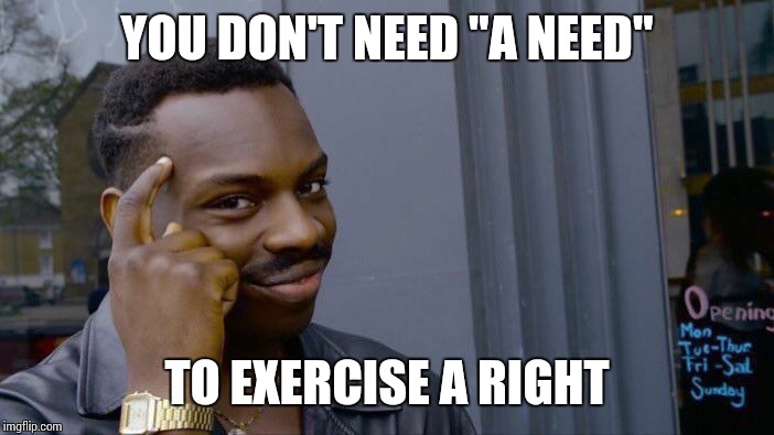A "Need" Is Not Required |  YOU DON'T NEED "A NEED"; TO EXERCISE A RIGHT | image tagged in memes,roll safe think about it,gun rights,no,gun control,second amendment | made w/ Imgflip meme maker