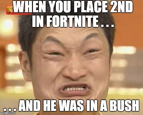 Impossibru Guy Original Meme | WHEN YOU PLACE 2ND IN FORTNITE . . . . . . AND HE WAS IN A BUSH | image tagged in memes,impossibru guy original | made w/ Imgflip meme maker
