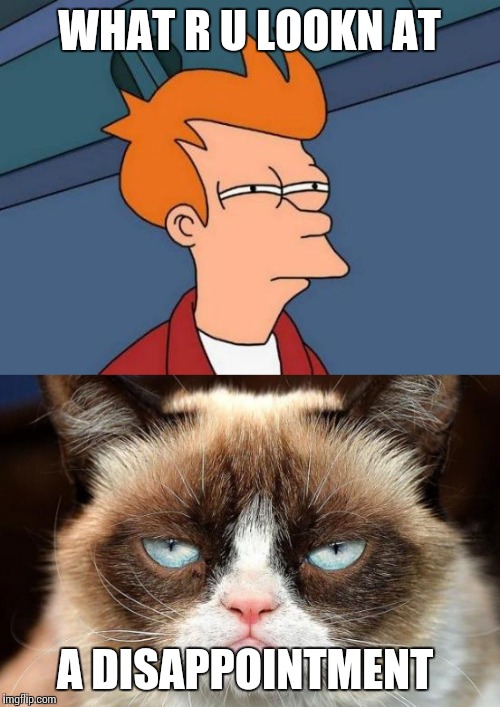 Arnt we all | WHAT R U LOOKN AT; A DISAPPOINTMENT | image tagged in futurama fry,grumpy cat,funny | made w/ Imgflip meme maker