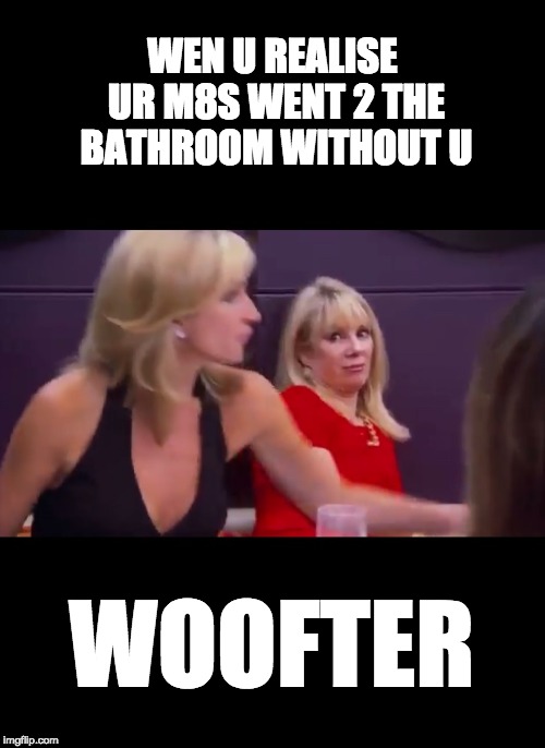 WEN U REALISE UR M8S WENT 2 THE BATHROOM WITHOUT U; WOOFTER | image tagged in woofter | made w/ Imgflip meme maker