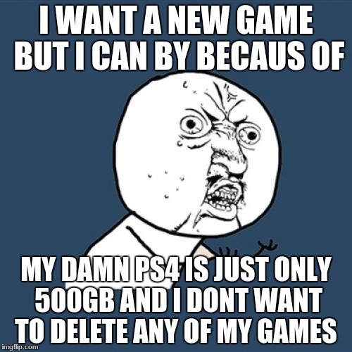 Y U No Meme | I WANT A NEW GAME BUT I CAN BY BECAUS OF; MY DAMN PS4 IS JUST ONLY 500GB AND I DONT WANT TO DELETE ANY OF MY GAMES | image tagged in memes,y u no | made w/ Imgflip meme maker