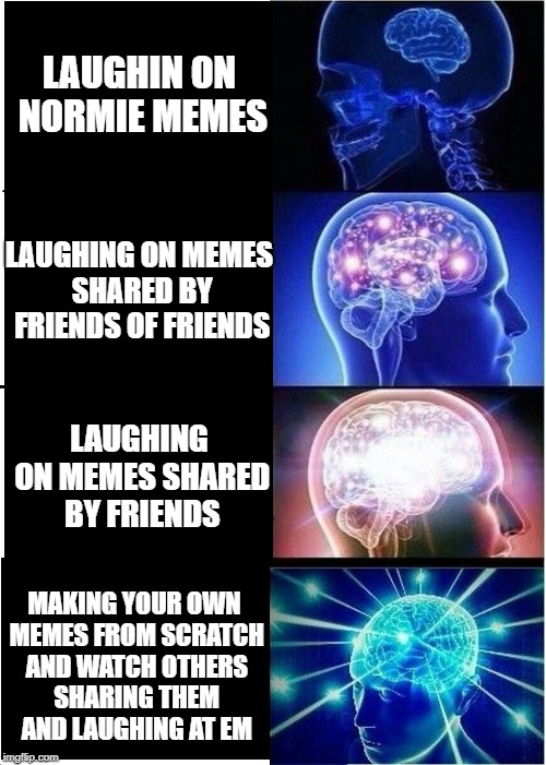 Expanding Brain Meme | LAUGHIN ON NORMIE MEMES; LAUGHING ON MEMES SHARED BY FRIENDS OF FRIENDS; LAUGHING ON MEMES SHARED BY FRIENDS; MAKING YOUR OWN MEMES FROM SCRATCH AND WATCH OTHERS SHARING THEM AND LAUGHING AT EM | image tagged in memes,expanding brain | made w/ Imgflip meme maker
