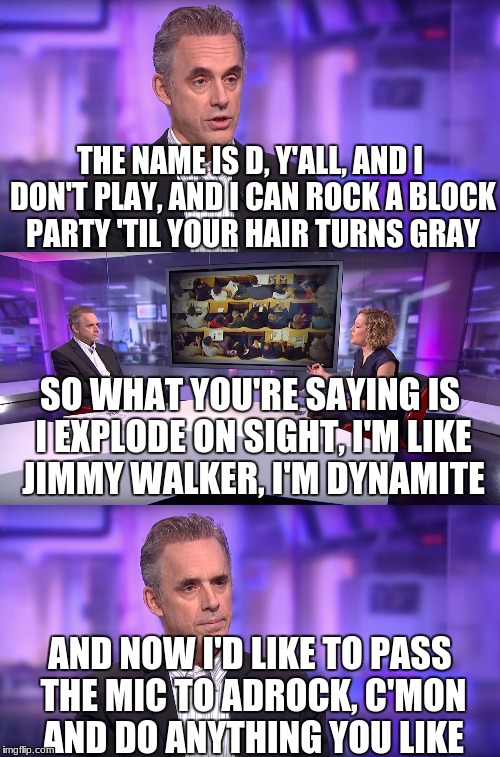 I'm using this meme the wrong way, aren't I? | THE NAME IS D, Y'ALL, AND I DON'T PLAY, AND I CAN ROCK A BLOCK PARTY 'TIL YOUR HAIR TURNS GRAY; SO WHAT YOU'RE SAYING IS I EXPLODE ON SIGHT, I'M LIKE JIMMY WALKER, I'M DYNAMITE; AND NOW I'D LIKE TO PASS THE MIC TO ADROCK, C'MON AND DO ANYTHING YOU LIKE | image tagged in jordan peterson vs feminist interviewer,beastie boys | made w/ Imgflip meme maker