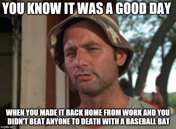 So I Got That Goin For Me Which Is Nice Meme | YOU KNOW IT WAS A GOOD DAY; WHEN YOU MADE IT BACK HOME FROM WORK AND YOU DIDN'T BEAT ANYONE TO DEATH WITH A BASEBALL BAT | image tagged in memes,so i got that goin for me which is nice | made w/ Imgflip meme maker