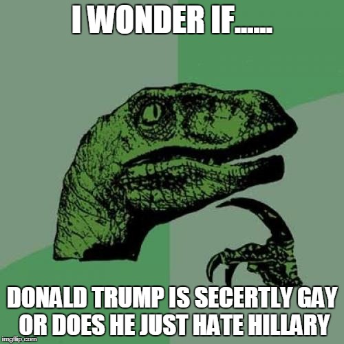 Philosoraptor | I WONDER IF...... DONALD TRUMP IS SECERTLY GAY OR DOES HE JUST HATE HILLARY | image tagged in memes,philosoraptor | made w/ Imgflip meme maker