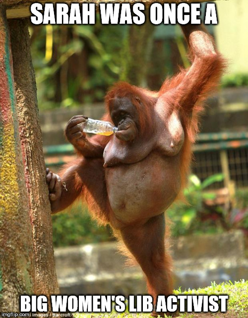 sexy orangutan | SARAH WAS ONCE A; BIG WOMEN'S LIB ACTIVIST | image tagged in sexy orangutan | made w/ Imgflip meme maker