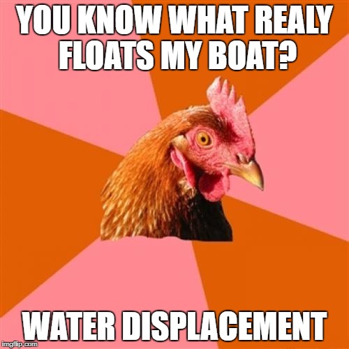 Anti Joke Chicken Meme | YOU KNOW WHAT REALY FLOATS MY BOAT? WATER DISPLACEMENT | image tagged in memes,anti joke chicken | made w/ Imgflip meme maker