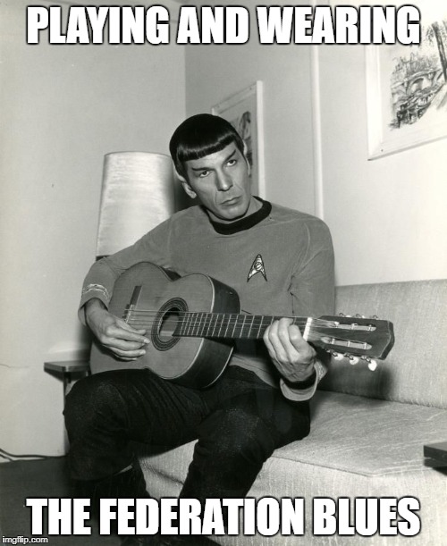 His strings are made of Tholian Web | PLAYING AND WEARING; THE FEDERATION BLUES | image tagged in spock on guitar | made w/ Imgflip meme maker