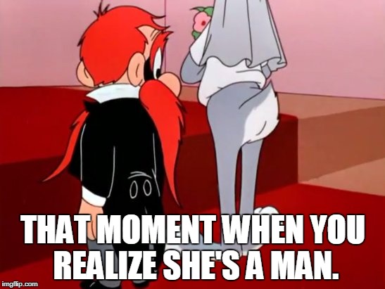 Bugs Bunny and Yosemite Sam | THAT MOMENT WHEN YOU REALIZE SHE'S A MAN. | image tagged in bugs bunny and yosemite sam | made w/ Imgflip meme maker