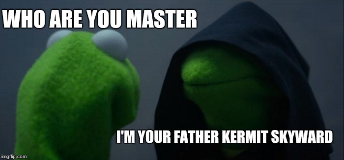 Evil Kermit | WHO ARE YOU MASTER; I'M YOUR FATHER KERMIT SKYWARD | image tagged in memes,evil kermit | made w/ Imgflip meme maker