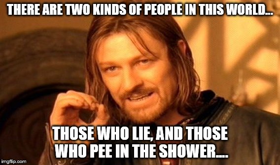 There are two kinds of people.... | THERE ARE TWO KINDS OF PEOPLE IN THIS WORLD... THOSE WHO LIE, AND THOSE WHO PEE IN THE SHOWER.... | image tagged in shower,lies,one does not simply,two kinds of people,wisdom,truth | made w/ Imgflip meme maker