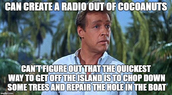 Professor | CAN CREATE A RADIO OUT OF COCOANUTS; CAN'T FIGURE OUT THAT THE QUICKEST WAY TO GET OFF THE ISLAND IS TO CHOP DOWN SOME TREES AND REPAIR THE HOLE IN THE BOAT | image tagged in professor | made w/ Imgflip meme maker