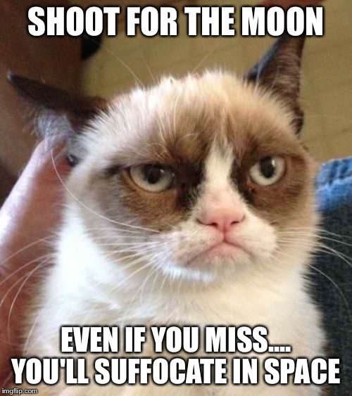 Life goals | SHOOT FOR THE MOON; EVEN IF YOU MISS.... YOU'LL SUFFOCATE IN SPACE | image tagged in memes,grumpy cat reverse,grumpy cat | made w/ Imgflip meme maker