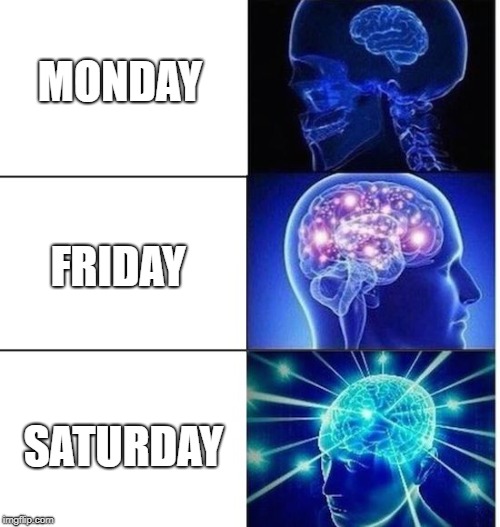When It's The Weekend | MONDAY; FRIDAY; SATURDAY | image tagged in mind blow | made w/ Imgflip meme maker