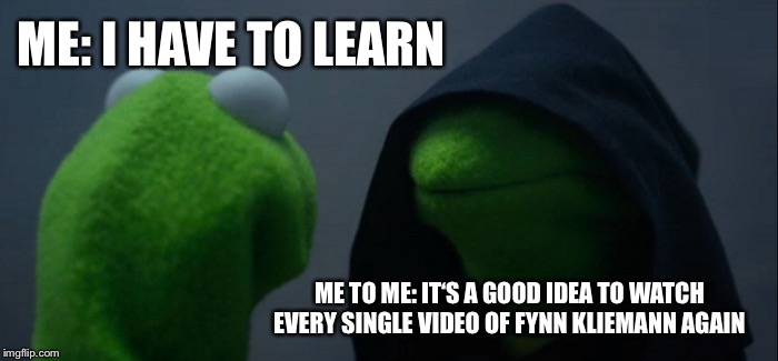 Evil Kermit | ME: I HAVE TO LEARN; ME TO ME: IT‘S A GOOD IDEA TO WATCH EVERY SINGLE VIDEO OF FYNN KLIEMANN AGAIN | image tagged in memes,evil kermit | made w/ Imgflip meme maker