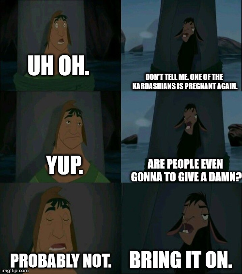 Emperor's New Groove Waterfall  | UH OH. DON'T TELL ME. ONE OF THE KARDASHIANS IS PREGNANT AGAIN. YUP. ARE PEOPLE EVEN GONNA TO GIVE A DAMN? PROBABLY NOT. BRING IT ON. | image tagged in emperor's new groove waterfall | made w/ Imgflip meme maker