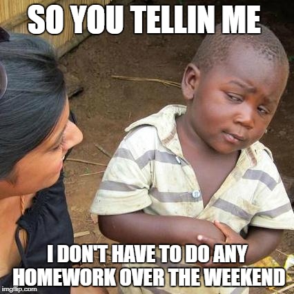 Third World Skeptical Kid | SO YOU TELLIN ME; I DON'T HAVE TO DO ANY HOMEWORK OVER THE WEEKEND | image tagged in memes,third world skeptical kid | made w/ Imgflip meme maker
