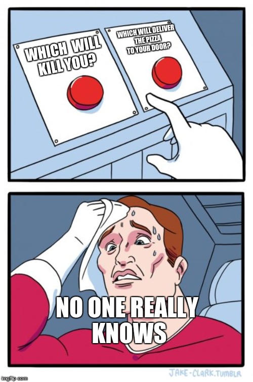 Two Buttons Meme | WHICH WILL DELIVER THE PIZZA TO YOUR DOOR? WHICH  WILL KILL YOU? NO ONE REALLY KNOWS | image tagged in memes,two buttons | made w/ Imgflip meme maker