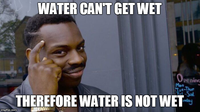 Roll Safe Think About It Meme | WATER CAN'T GET WET THEREFORE WATER IS NOT WET | image tagged in memes,roll safe think about it | made w/ Imgflip meme maker