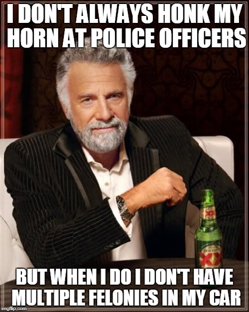 The Most Interesting Man In The World Meme | I DON'T ALWAYS HONK MY HORN AT POLICE OFFICERS; BUT WHEN I DO I DON'T HAVE MULTIPLE FELONIES IN MY CAR | image tagged in memes,the most interesting man in the world | made w/ Imgflip meme maker