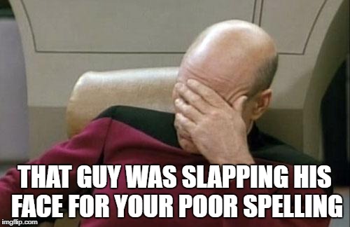 Captain Picard Facepalm Meme | THAT GUY WAS SLAPPING HIS FACE FOR YOUR POOR SPELLING | image tagged in memes,captain picard facepalm | made w/ Imgflip meme maker